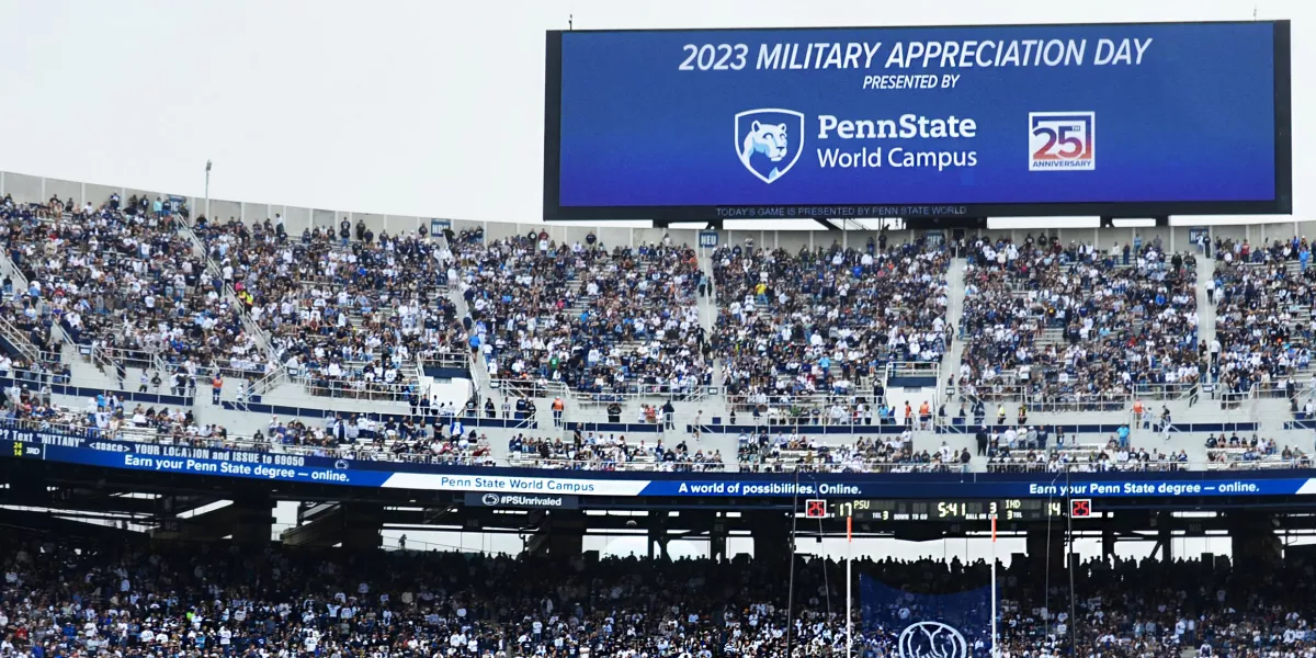Beaver Stadium Scoreboard featuring 2023 Military Appreciation Day announcement