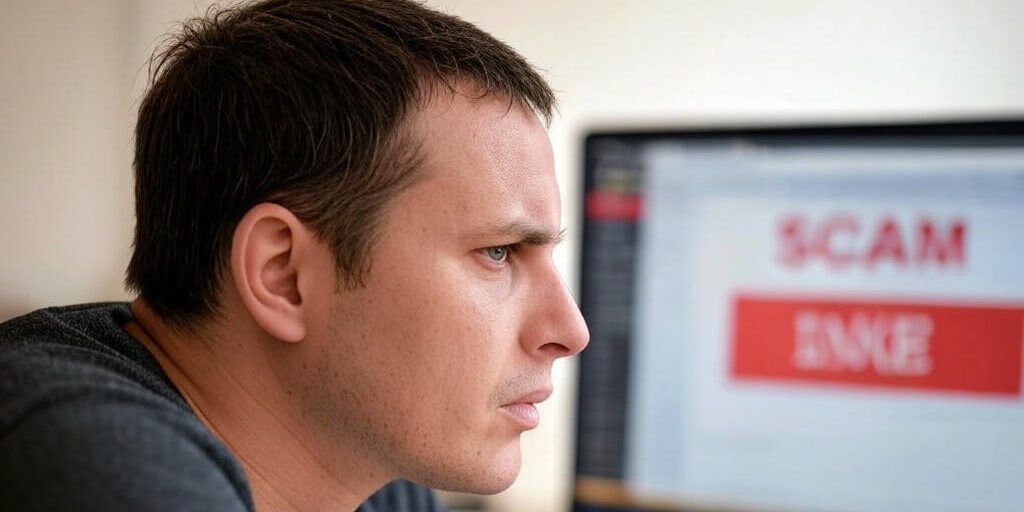 Man in front of computer monitor with the word SCAM