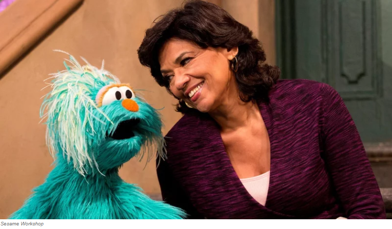 Sonia Manzano "Maria" with Blue Sesame Street muppet