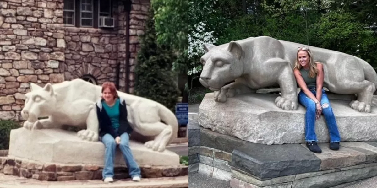 Megh McCane-Howard at Nittany Lion Shrine 1990s and 2024 Comparison
