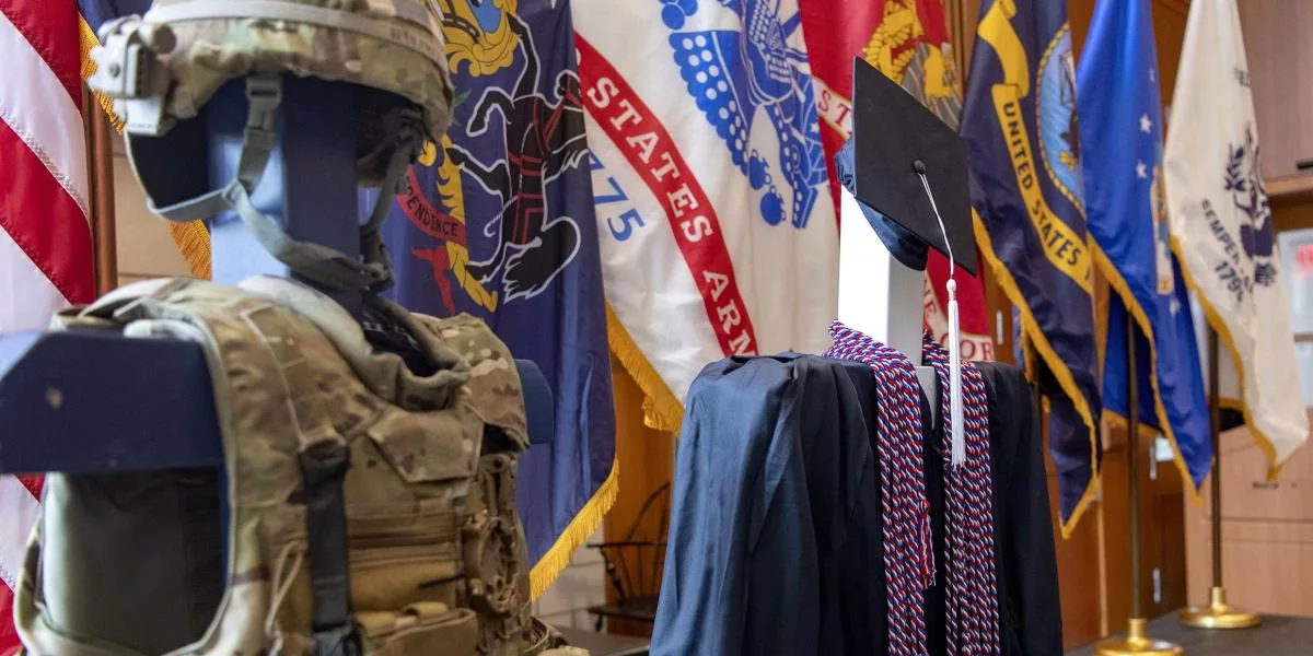 Military flags protective equipment and graduation gown