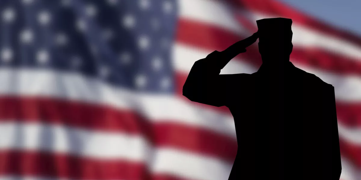 Silhouette of soldier saluting against US flag background