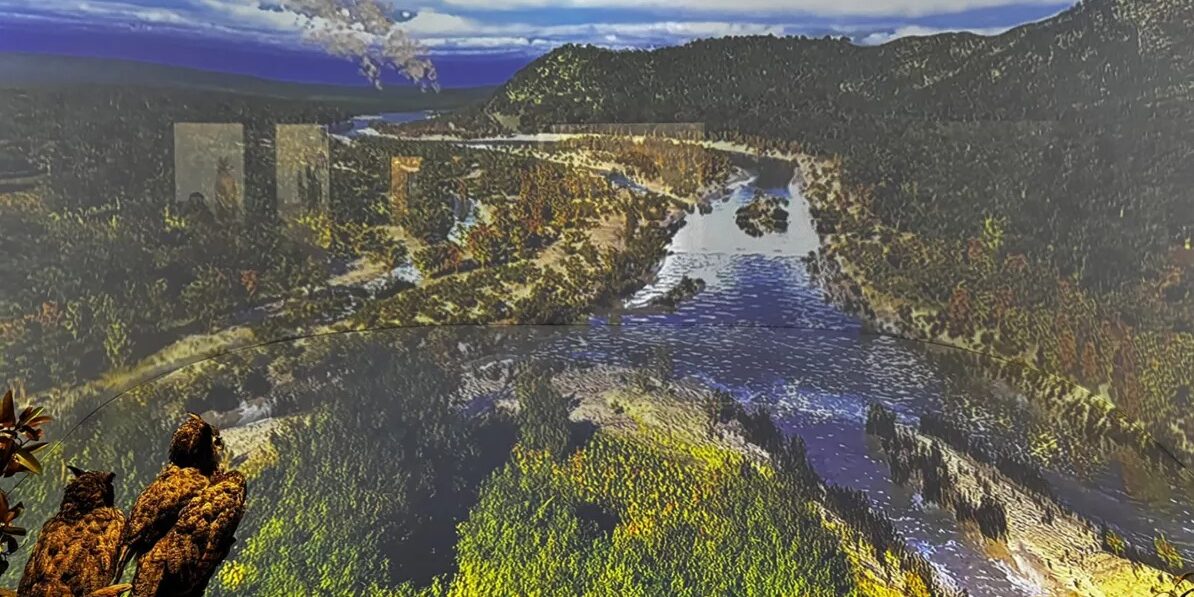 Stream in front of a forest with owls in the foreground
