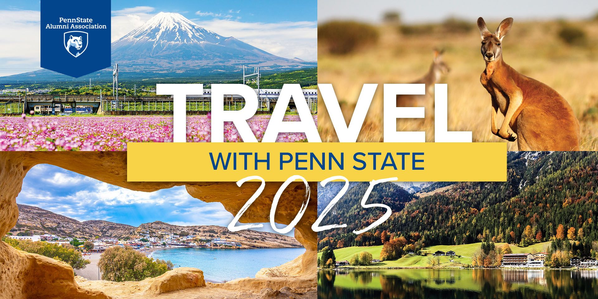 Travel with Penn State 2025 logo on images of nature