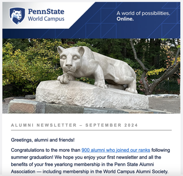 Screenshot of alumni newsletter