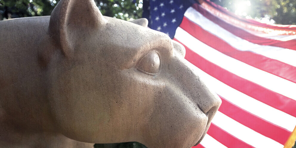 Lion shrine with U.S. flag